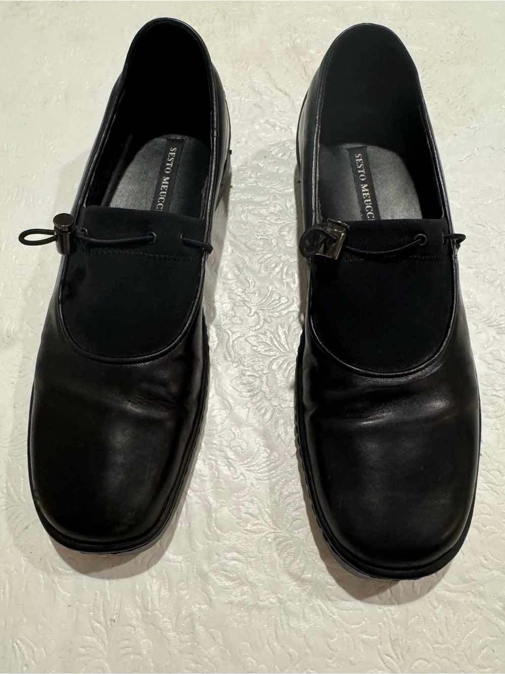 Sesto Meucci Adjustable Black Leather Slip-On Loafers with Toggle